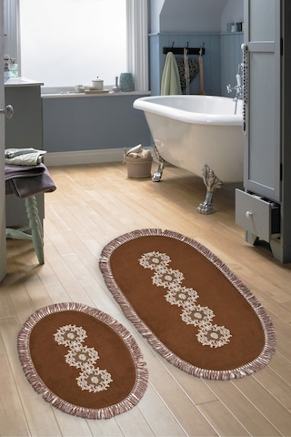 Eyfel Saçakli Banyo Takımı 2 Pcs Açik Kahve Koyu Kahve