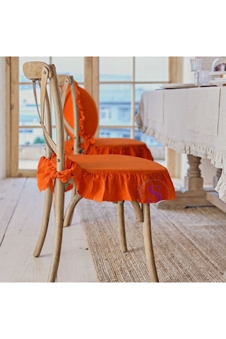 Turuncu Renk El Yapımı Buldan Yıkanmıs Keten 4 Tarafı Fırfırlı Sandalye Minderi Turuncu
