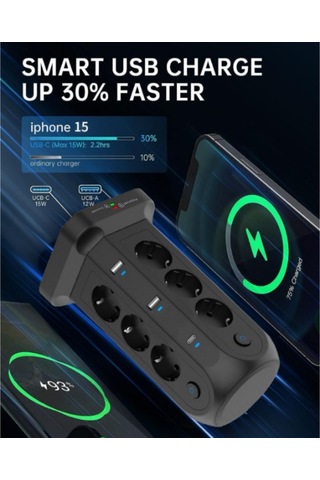 Kule Tipi Priz - Avrupa Standardı - 2 Type-c Portlu - 2 Metre Kablolu - 12 Yuvalı Um46021-1 Yurt Dışından 2 Metre