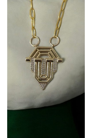 Altın Renk Geometrik Figürlü Zirkon Taşlı Kolye Altın