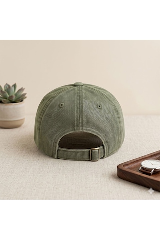 Bk Gift Kişiye Özel Harf Nakışlı Vintage Haki Beyzbol Şapkası Unisex Eskitme Kumaş Metal Tokalı