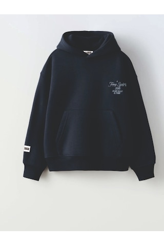 Unisex Koyu Mavi Renk Slogan Yazılı 3 İplik Şardonlu Kapüşonlu Sweatshirt Gri - Siyah