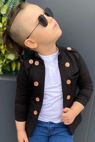 Riccotarz Erkek Çocuk Omzu Ve Ceket Yakası Düğme Detaylı Cepli Blazer Ceketli Siyah Alt Üst Takım 001