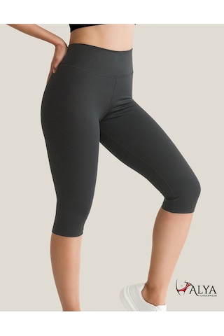 Diz Altı Kapri Tayt Yüksek Bel Likralı Parlak Dalgıç Kumaş, Antrasit Füme Antrasit