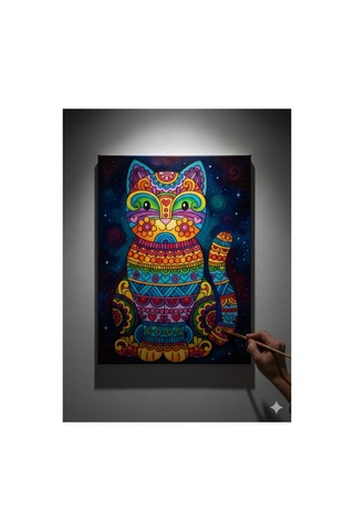 25x35 Resimli Tuval Boyama Seti- Kedi1-6 Renk Akrilik Boya Ve 2 F