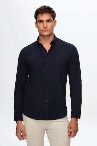 D'S Damat Ds Damat Slim Fit Lacivert Düğmeli Yaka %100 Pamuk Yazlık Flamlı Keten Görünümlü Gömlek 6HC02ORT63265 Lacivert