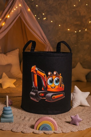 Siyah Keçe Oyuncak Sepeti Çizgi Film Kepçe Desenli, Katlanabilir Kulplu, Çocuk Odası Düzenleyici Siyah