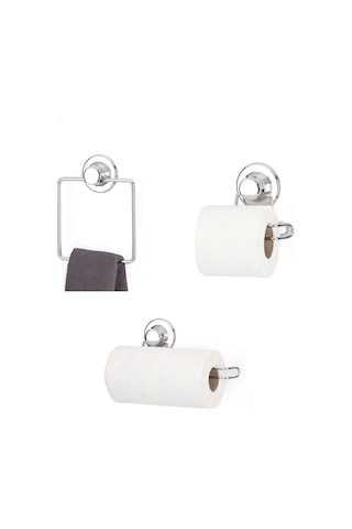 Hem Vantuzlu Hem Vidalı Banyo Aksesuarı 3 Lü Set Kare Havluluk + Tuvalet Kağıtlığı + Kağıt Havlu Askısı Gri