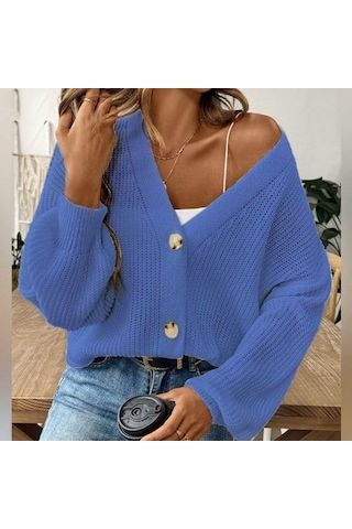 Leyla Sanat Sanata Yeni Bir Bakış Açısı Düğme Detay Triko Bluz Mavi