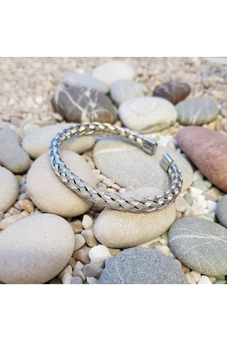 Ehediye Chavin Gri Örgü Kelepçe Çelik Erkek Bileklik Ec53By Altın