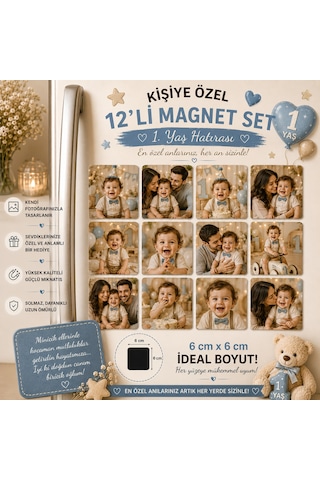 12'li Kare Fotoğraf Magneti 1 Yaş Doğum Gününe Kişiselleştirilebilir İlk Yıl Anı Hediye Seti