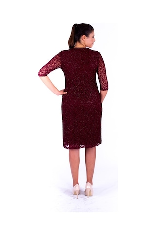 Nidya Moda Büyük Beden Kadın Bordo Dantel Abiye Elbise-4009Yb Bordo