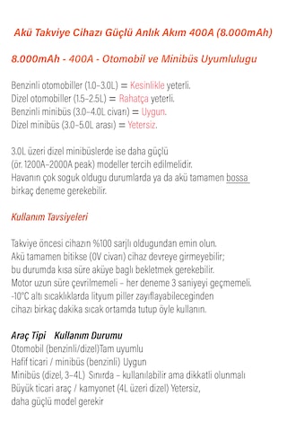 Akü Takviye Jump Starter 8000mah Araç Marş Basma Cihazı Takviye Kompresör Lastik Şişirme Hava Pompası