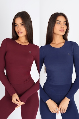 Soft&Basic Kadın Uzun Kollu Baskılı Bisiklet Yaka Bordo-lacivert Body Çok Renkli