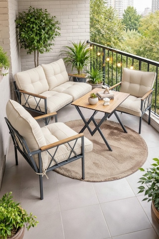 Ard & Garden Miray 211 Masalı Krem Fermuarlı Bahçe Balkon Takımı, Salon, Teras- Berjer Düğmeli Metal Çay Seti Krem