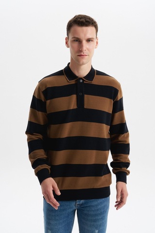 AR-MA Arma Erkek Ribanalı Regular Fit Çizgili %100 Pamuk Ringel Ottoman Kumaş Polo Yaka Düğmeli Sweatshirt K30554952602 Siyah