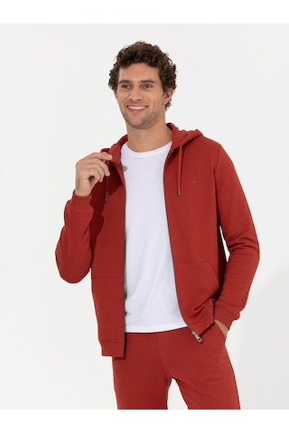 Kiremit %100 Pamuk Tam Fermuarlı Kapüşonlu Sweatshirt Kırmızı