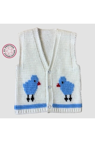 Uretti - Çiğdem 1390 - El Yapımı Civciv Figürlü Örgü Yelek - 1 - 2 Yaş Beyaz