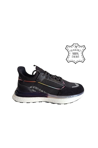 Hakiki Deri Jel Köpük Yüksek Taban Ortopedik İthal Bağcıklı Spor Ayakkabı Sneaker Dar Kalıp Siyah Beyaz