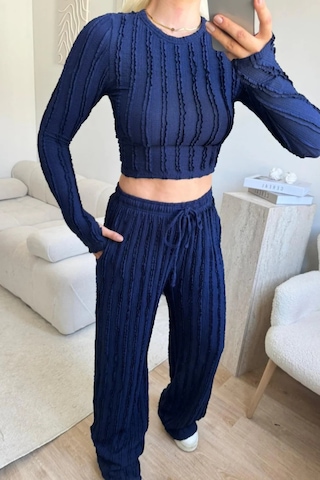 Trend Alisse Lacivert Kışlık Premium Fitilli Parmak Geçmeli Crop Bluz Bol Paça Pantolon Takımı