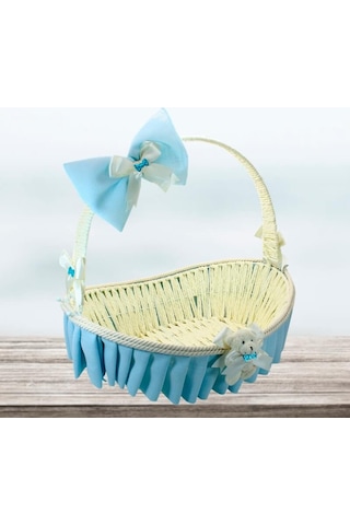 Saplı Oval Kumaş Süslü Sepet 36 Cm Orta Boy Mavi