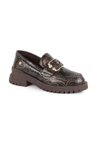 Mamma Mia Mammamia Kadın Loafer 26k-3215 Kahverengi Hakiki Deri Yılan/etnik Desen Baskılı Gold Metal Tokalı Kalın Dişli Taban Rahat Günlük Ayakkabı Kahve