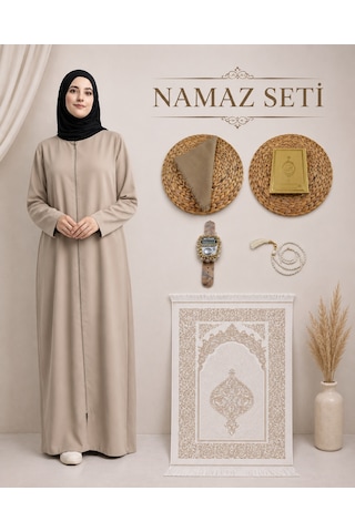 Bilenler Kadın Namaz Seti Fermuarlı Namaz Elbisesi Seccade Örtü Yasin Tesbih Zikirmatik Bej