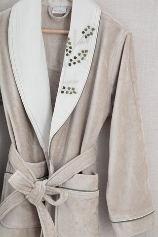 Ecocotton Derin Bej-yeşil "m-l" %100 Organik Pamuk Nakışlı Aile Bornoz Seti Bej - Yeşil