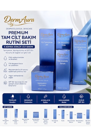 Dermaura Premium Leke Ve Aydınlatıcı Tam Cilt Bakım Seti Temizleme Jeli, Tonik, Niacinamide Serum, Nemlendirici Ve Spf 50+ Güneş Koruması