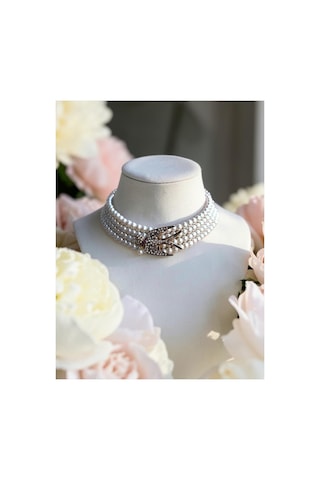 Zirkon Taşlı Choker İnci Kolye Kırlangıç Kuş Figürlü Beyaz