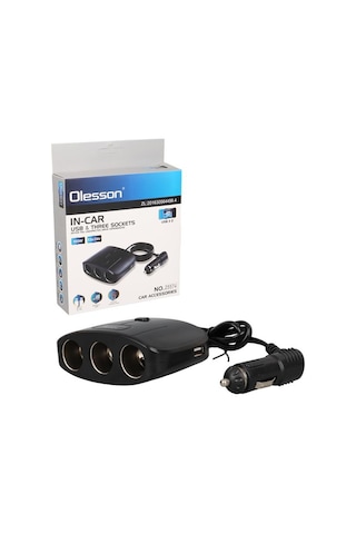 Olesson 1635 12-24v Çift Usb Girişli 100w 70 Cm Kablolu 3 Lü Araç Çakmak Çoklayıcı 100x66x40mm