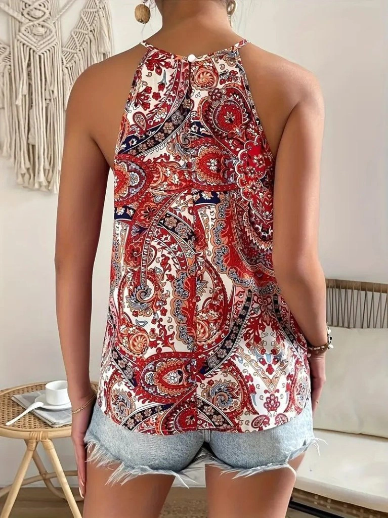Emh Store Kadın Halter Kollu Damla Detaylı Desenli Süprem Bluz Kırmızı