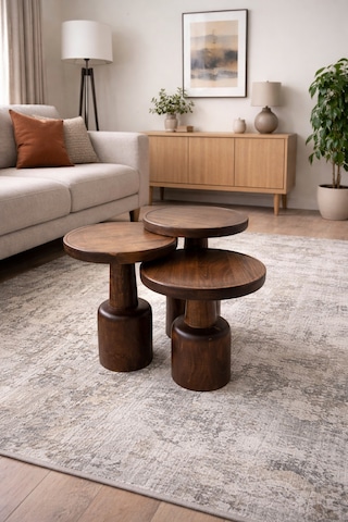 Ihlamur Wood Design Oluklu Üçlü Mantar Sehpa Ceviz Rengi Ahşap