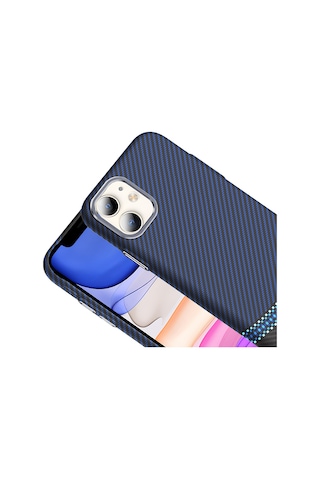 Apple Uyumlu iPhone 11 Kılıf M-safe Şarj Özellikli Karbon Fiber Görünümlü Gros Kılıf Siyah-lacivert