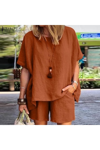 Zanzea Kadın Rahat Pamuk Kıyafetler Yaz Yarım Kollu T-shirt Ve Şort Iki Parçalı Takım Elbise Set Turuncu