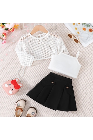 Siyah Çocuk Giyim Kız Setleri Oymak Üst + Cami Üst + Haki Etekler 3 Adet Yaz Takım Elbise Setleri Kızlar Için 12M-6Y Çocuk Giysileri 12M-6Y Siyah