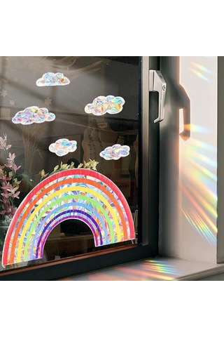 Güneş Yakalayıcı Etiketler Gökkuşağı Bulutu Pencere Etiketleri, 6 Adet Yapışkansız Prizma Vinil Çıkartma Çarpışma Önleyici Pencere Yapışkanları Ev Dekorasyonu Pencere Filmi Cam İçin Çok Renkli