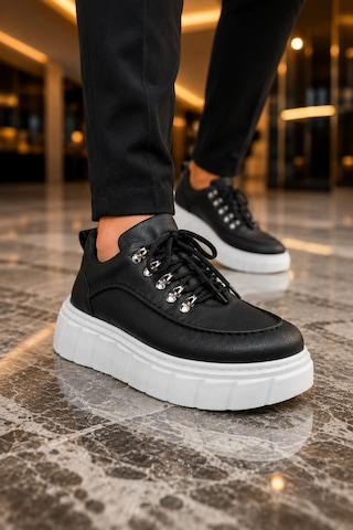 Mevese Duolc Bağcıklı Cilt Erkek Günlük Rahat Taban Sneaker Ayakkabı - Siyah Beyaz