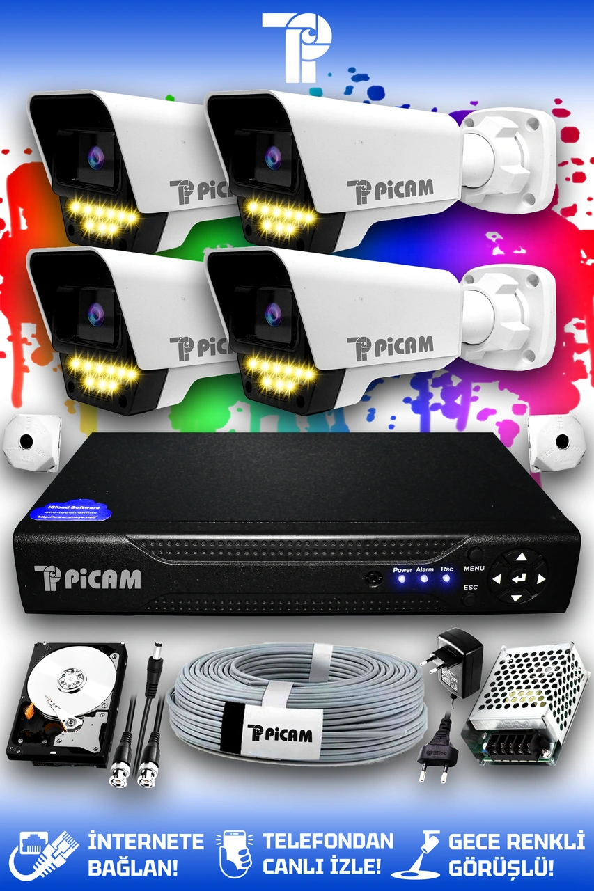 Picam 4 Kameralı Süper 4 Dış Kamera Set 250 GB 5 MP 2K Net Renkli Gece Görüşlü Güvenlik Kamerası Sistemi