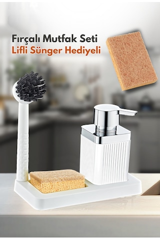 Grimorlife Fırçalı Sıvı Sabunluk Ve Sünger Seti - Standlı Plastik Mutfak Banyo Sabunluk Lifli Sünger Hediyeli Beyaz