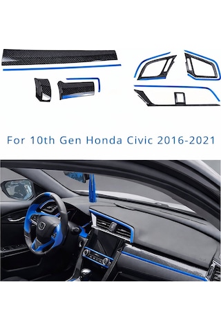 Honda Civic 2016-2021 İçin 10. Nesil Panel Karbon Kaplama 11 Parça Mavi Detaylar