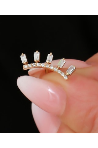 14 Ayar Altın Taşlı Taç Tragus Piercing Sarı Altın