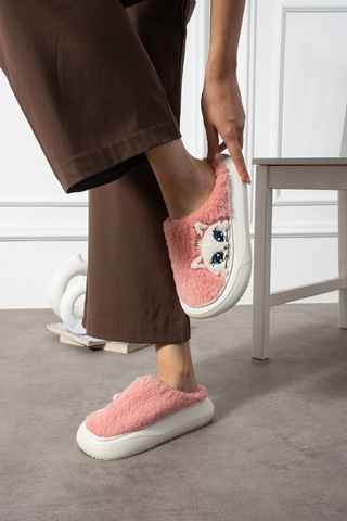 Polomia Comfort Poppy Berlin Kadın Figürü Sevimli Pijama Kedi Desen Peluşlu Hafif Kaymaz Eva Taban Kışlık Terlik Pudra