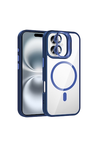 Apple iPhone Uyumlu 16 Plus Kılıf Standlı + Kamera Lens Koruma Setli M-safe Şarj Özellikli Mkst Etro Lacivert Lacivert