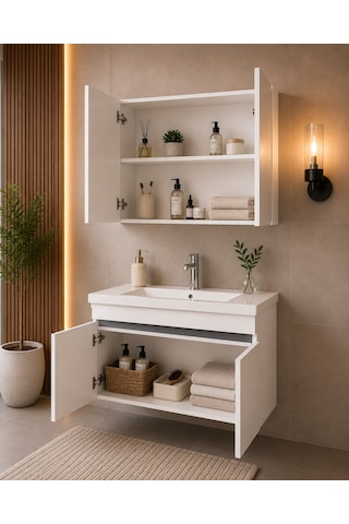 Modern 80 Cm Beyaz Renkli Mdf Seramik Lavabolu Alt Ve Üst Dolaplı Üst Aynalı Banyo Dolabı