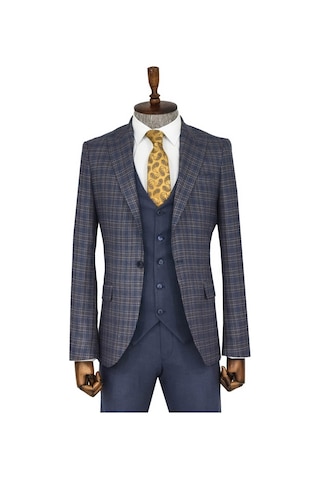 Ekose Ceketli Slim Fit Mavi Erkek Takım Elbise - Wessi Mavi