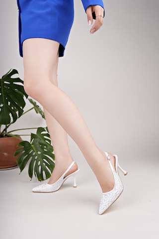 Nesilshoes Nesil Shoes Uraz 760 Beyaz Taşlı Topuklu Kadın Sandalet