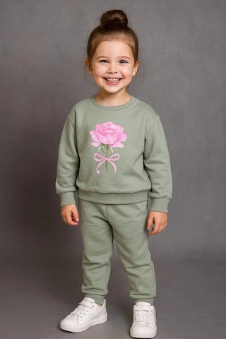 Kız Çocuk %100 Pamuk Gül Baskılı Eşofman Takımı Yeşil