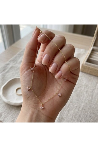 925 Ayar Gümüş Pembe Taşlı Altın Kaplama Şans Kelebek Kolye Gold