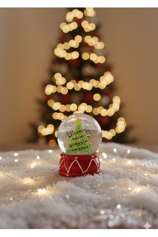 Noel Yılbaşı Hediyesi Çam Ağacı Temalı Işıklı Mini Kar Küresi 6.5cm Çam Ağacı Figürlü Dekoratif Obje Kırmızı